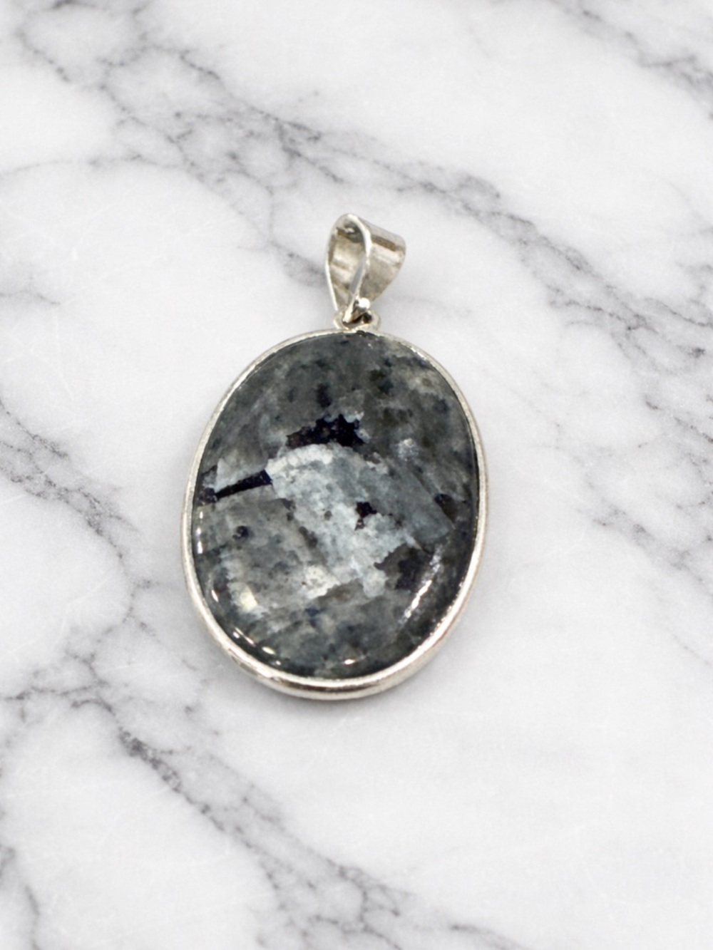Larvikite Pendant Silver Plated Gray Flash Natural Stone Oval Statement